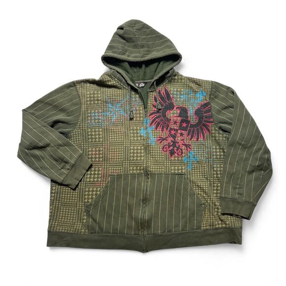 No Boundaries Nobo Vintage Y2k Green Houndstooth AOP Eagle Cross Hoodie XL - Picture 1 of 7